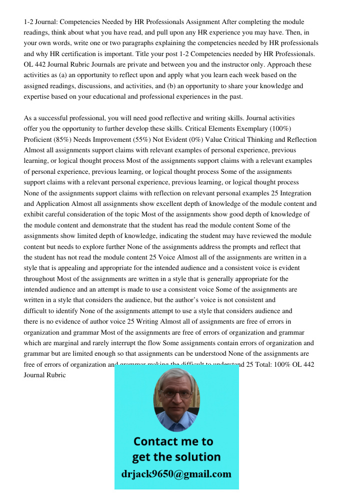 1-2 Journal: Competencies Needed by HR Professionals Assignment After completing the module readings, think about what you have read, and pull upon any HR experience you may have. Then, in your own words, write one or tw