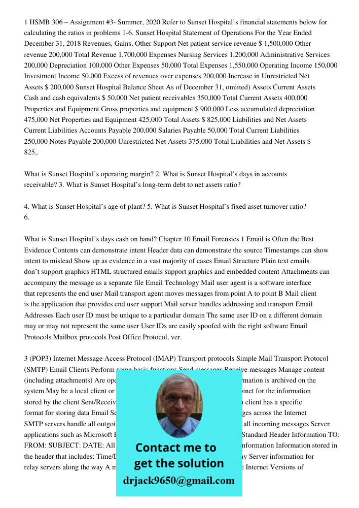 1 HSMB 306 – Assignment #3- Summer, 2020 Refer to Sunset Hospital’s financial statements below for calculating the ratios in problems 1-6. Sunset Hospital Statement of Operations For the Year Ended December 31, 2018 Reve