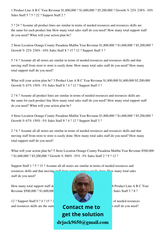 1 Product Line A B C Year Revenue ,800,000 ? ,600,000 ? ,200,000 ? Growth % 22% 238% -10% Sales Staff 5 ? 5 ? 22 ? Support Staff 2 ? 3 ? 24 ? Assume all product lines are similar in terms of needed resources and resource