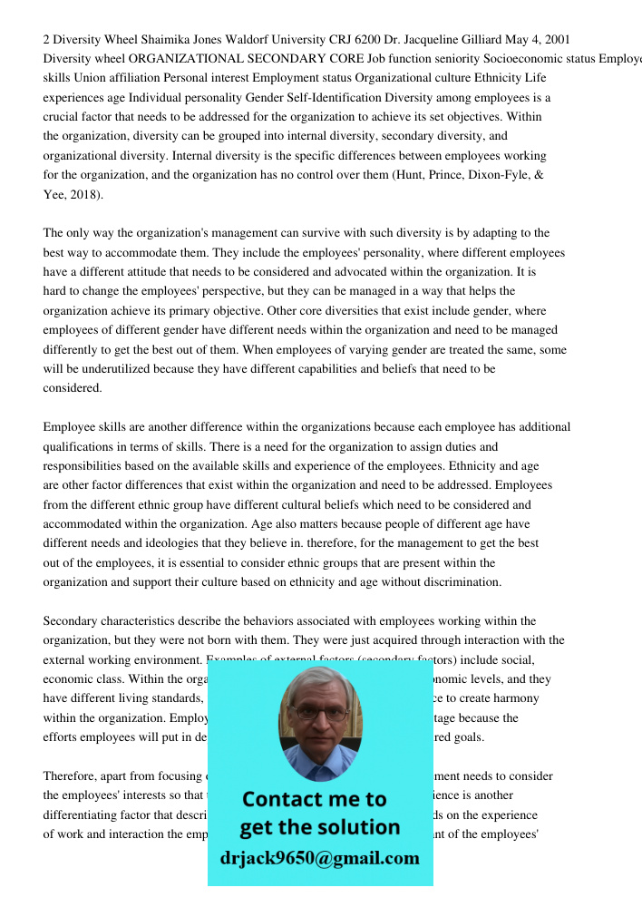 2 Diversity Wheel Shaimika Jones Waldorf University CRJ 6200 Dr. Jacqueline Gilliard May 4, 2001 Diversity wheel ORGANIZATIONAL SECONDARY CORE Job function seniority Socioeconomic status Employee skills Union affiliation
