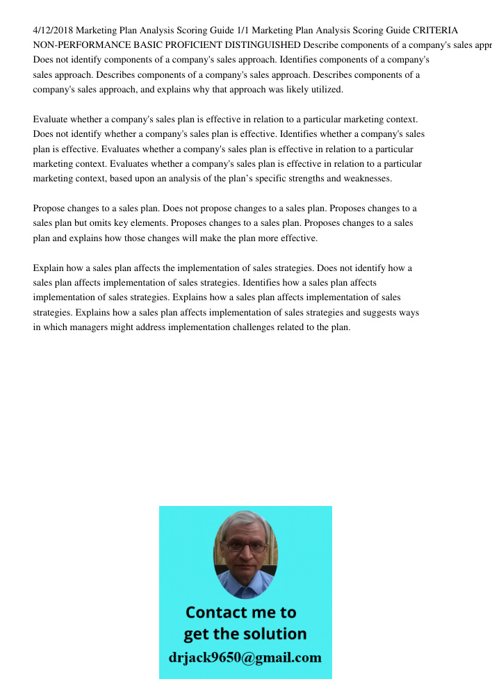 4/12/2018 Marketing Plan Analysis Scoring Guide 1/1 Marketing Plan Analysis Scoring Guide CRITERIA NON-PERFORMANCE BASIC PROFICIENT DISTINGUISHED Describe components of a company's sales approach. Does not identify compo