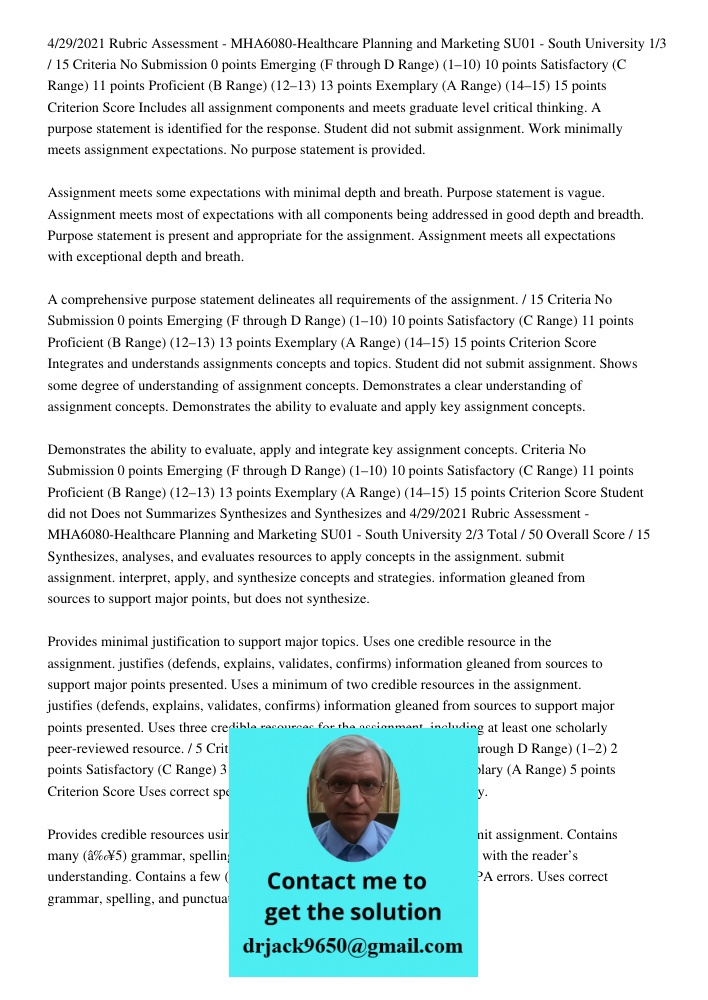 4/29/2021 Rubric Assessment - MHA6080-Healthcare Planning and Marketing SU01 - South University 1/3 / 15 Criteria No Submission 0 points Emerging (F through D Range) (1–10) 10 points Satisfactory (C Range) 11 points Prof