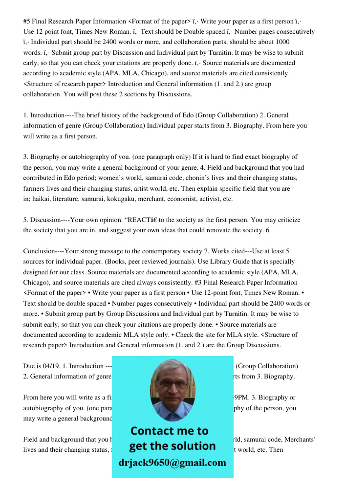 #5 Final Research Paper Information &lt;Format of the paper&gt; ï‚· Write your paper as a first person ï‚· Use 12 point font, Times New Roman. ï‚· Text should be Double spaced ï‚· Number pages consecutively ï‚· Individua