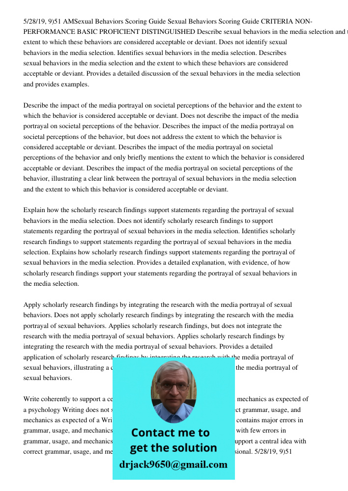 5/28/19, 9)51 AMSexual Behaviors Scoring Guide Sexual Behaviors Scoring Guide CRITERIA NON-PERFORMANCE BASIC PROFICIENT DISTINGUISHED Describe sexual behaviors in the media selection and the extent to which these behavio