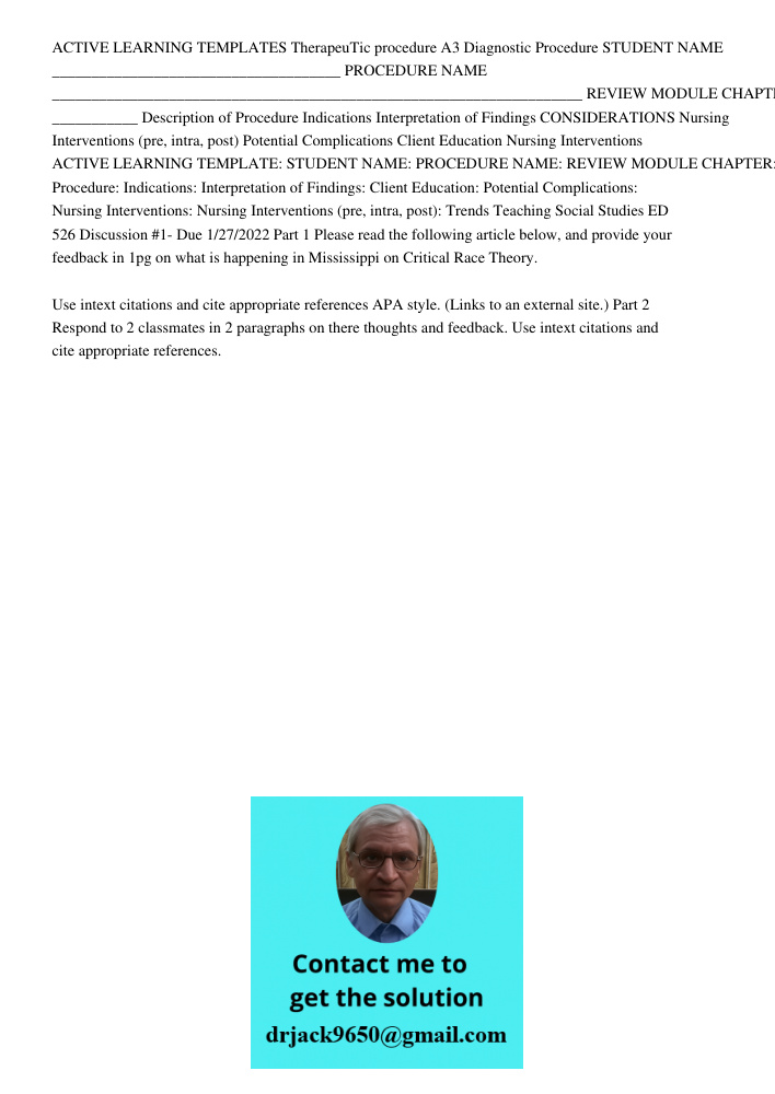 ACTIVE LEARNING TEMPLATES TherapeuTic procedure A3 Diagnostic Procedure STUDENT NAME _____________________________________ PROCEDURE NAME ____________________________________________________________________ REVIEW MODULE