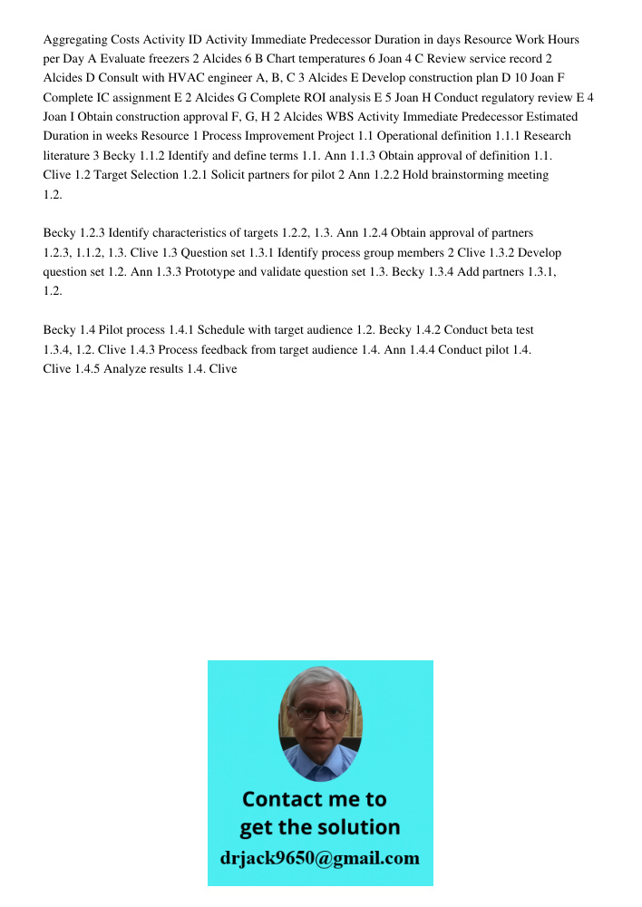 Aggregating Costs Activity ID Activity Immediate Predecessor Duration in days Resource Work Hours per Day A Evaluate freezers 2 Alcides 6 B Chart temperatures 6 Joan 4 C Review service record 2 Alcides D Consult with HVA