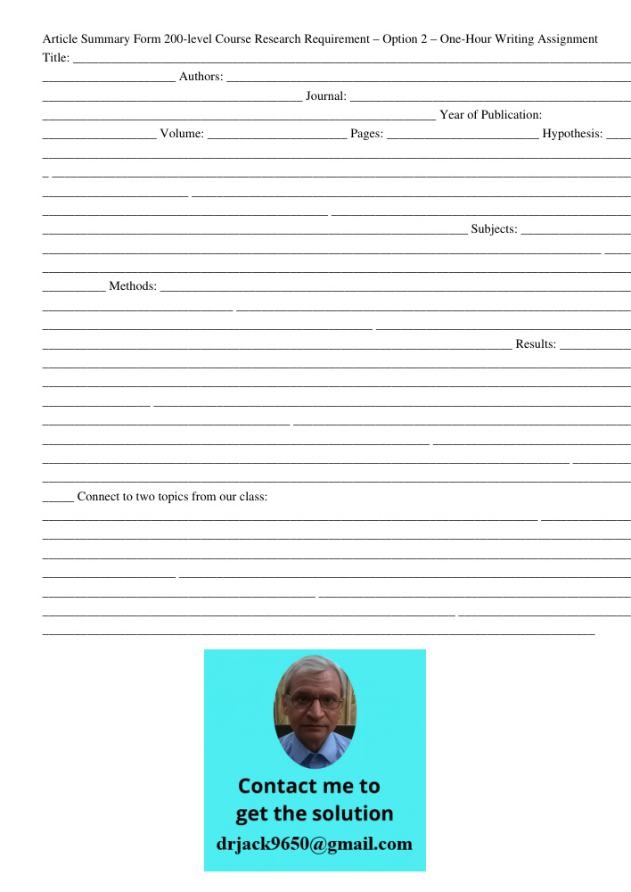 Article Summary Form 200-level Course Research Requirement – Option 2 – One-Hour Writing Assignment Title: _________________________________________________________________________________________________________________