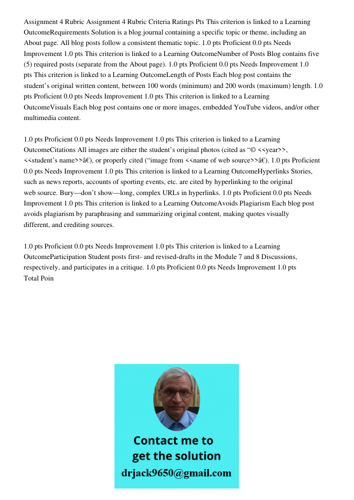 Assignment 4 Rubric Assignment 4 Rubric Criteria Ratings Pts This criterion is linked to a Learning OutcomeRequirements Solution is a blog journal containing a specific topic or theme, including an About page. All blog p