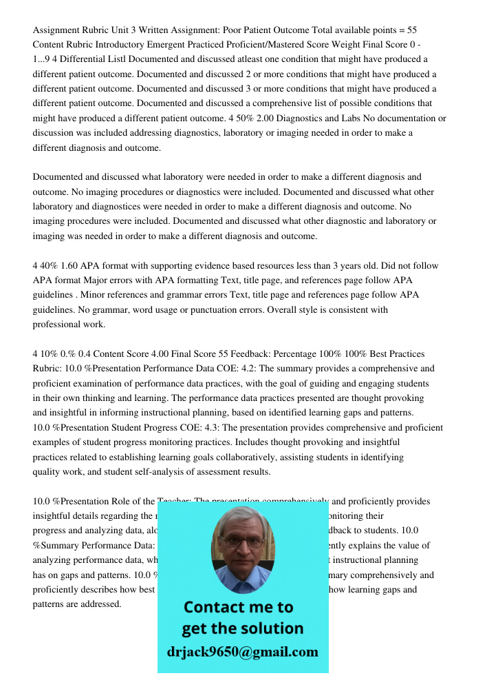 Assignment Rubric Unit 3 Written Assignment: Poor Patient Outcome Total available points = 55 Content Rubric Introductory Emergent Practiced Proficient/Mastered Score Weight Final Score 0 - 1...9 4 Differential Listl Doc