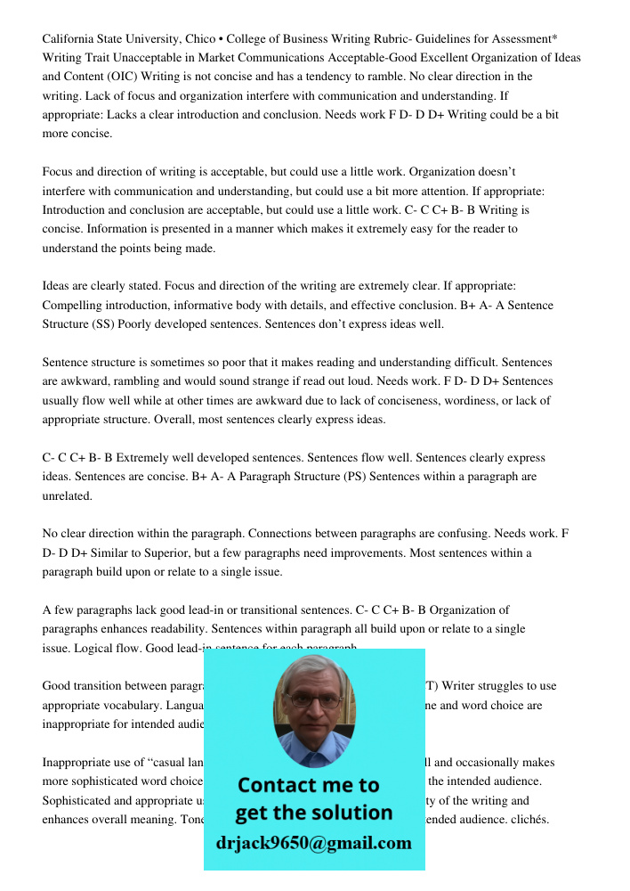 California State University, Chico • College of Business Writing Rubric- Guidelines for Assessment* Writing Trait Unacceptable in Market Communications Acceptable-Good Excellent Organization of Ideas and Content (OIC) Wr