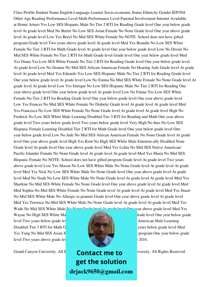 Class Profile Student Name English Language Learner Socio-economic Status Ethnicity Gender IEP/504 Other Age Reading Performance Level Math Performance Level Parental Involvement Internet Available at Home Arturo Yes Low