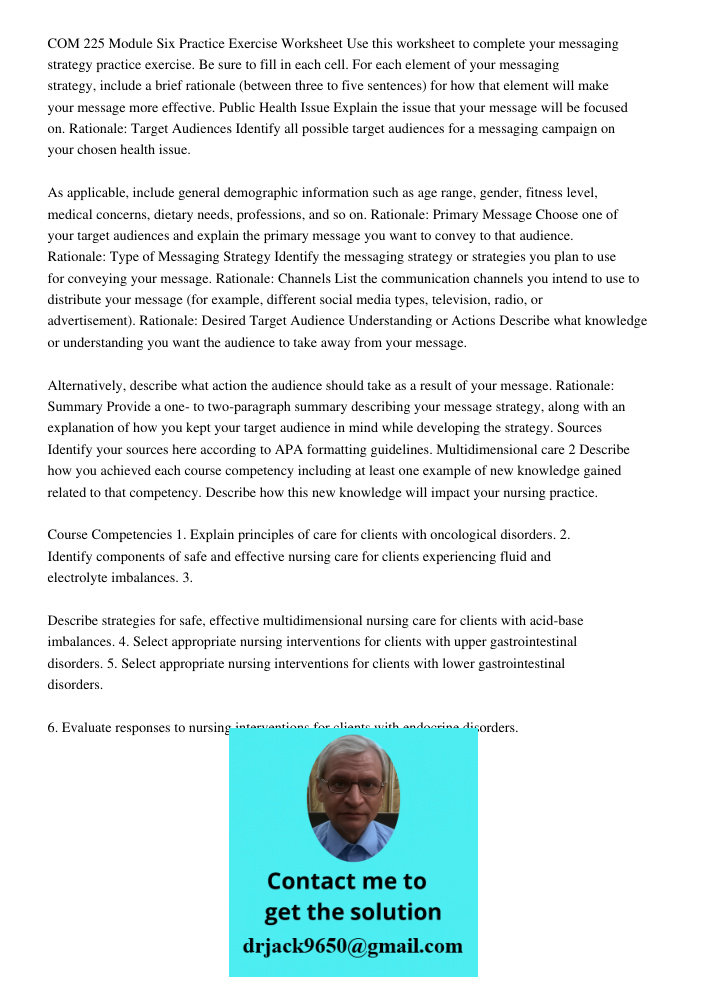COM 225 Module Six Practice Exercise Worksheet Use this worksheet to complete your messaging strategy practice exercise. Be sure to fill in each cell. For each element of your messaging strategy, include a brief rational