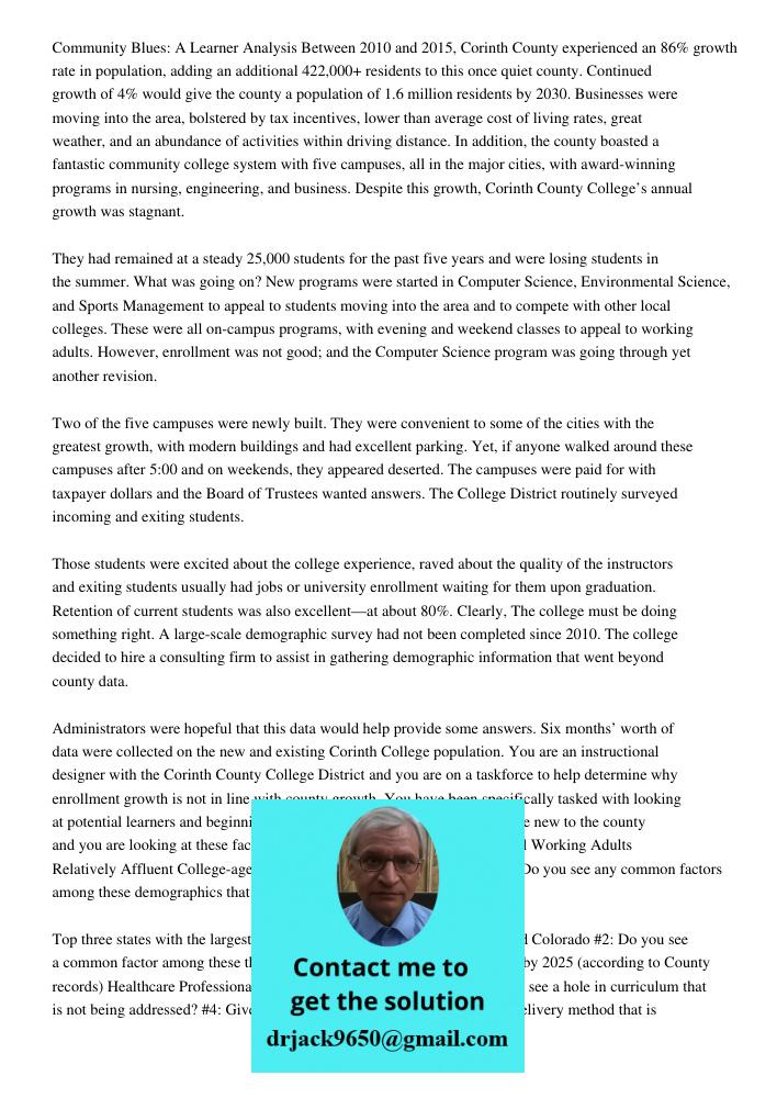 Community Blues: A Learner Analysis Between 2010 and 2015, Corinth County experienced an 86% growth rate in population, adding an additional 422,000+ residents to this once quiet county. Continued growth of 4% would give