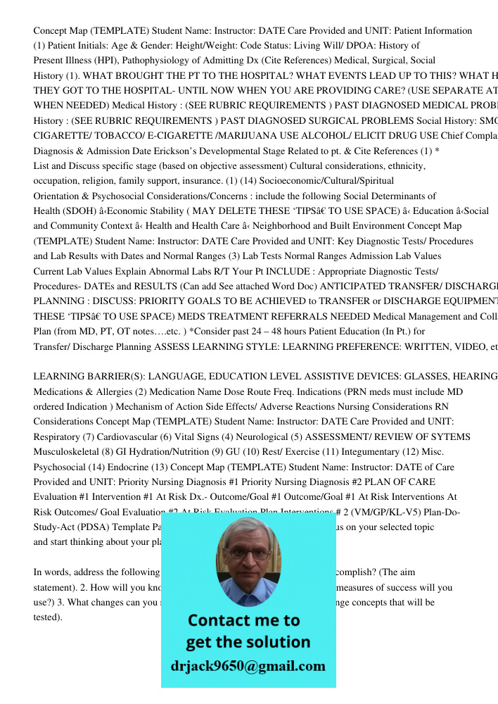 Concept Map (TEMPLATE) Student Name: Instructor: DATE Care Provided and UNIT: Patient Information (1) Patient Initials: Age & Gender: Height/Weight: Code Status: Living Will/ DPOA: History of Present Illness (HPI), Patho