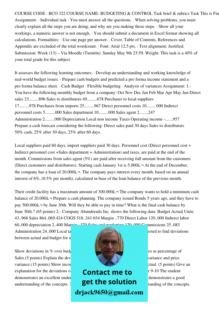 COURSE CODE : BCO 322 COURSE NAME: BUDGETING & CONTROL Task brief & rubrics Task This is Final timed Assignment: · Individual task · You must answer all the questions. · When solving problems, you must clearly explain al