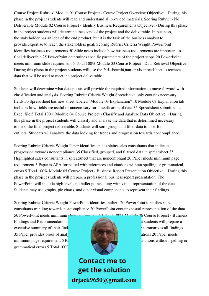 Course Project Rubrics! Module 01 Course Project - Course Project Overview Objective: · During this phase in the project students will read and understand all provided materials. Scoring Rubric: · No Deliverable Module 0