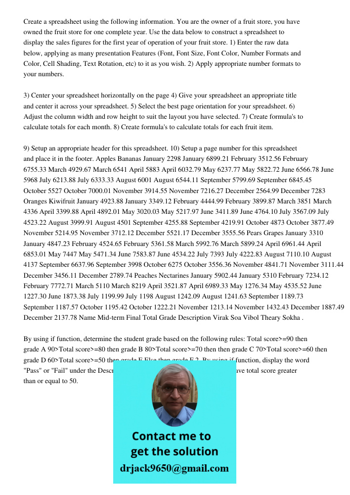 Create a spreadsheet using the following information. You are the owner of a fruit store, you have owned the fruit store for one complete year. Use the data below to construct a spreadsheet to display the sales figures f