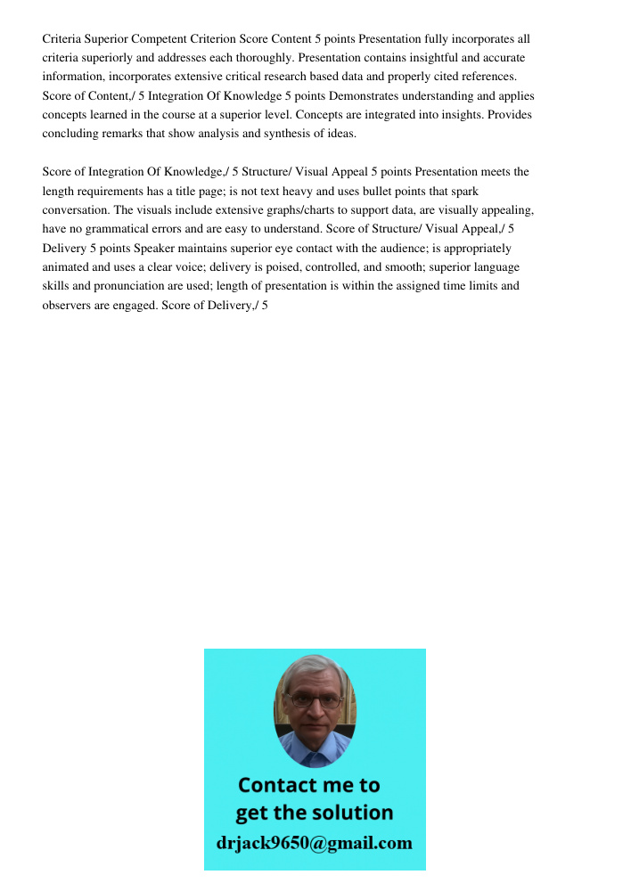 Criteria Superior Competent Criterion Score Content 5 points Presentation fully incorporates all criteria superiorly and addresses each thoroughly. Presentation contains insightful and accurate information, incorporates 