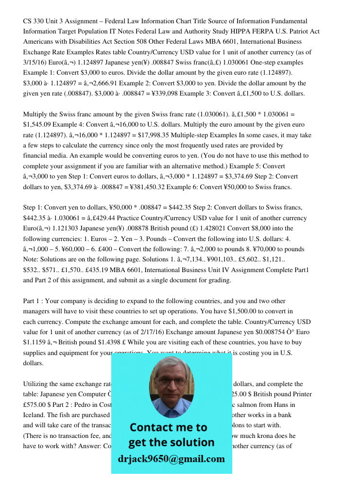 CS 330 Unit 3 Assignment – Federal Law Information Chart Title Source of Information Fundamental Information Target Population IT Notes Federal Law and Authority Study HIPPA FERPA U.S. Patriot Act Americans with Disabili