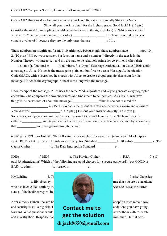 CS572AH2 Computer Security Homework-3 Assignment SP 2021 _____________________________________________________________________________________________ CS572AH2 Homework-3 Assignment Send your HW3 Report electronically St