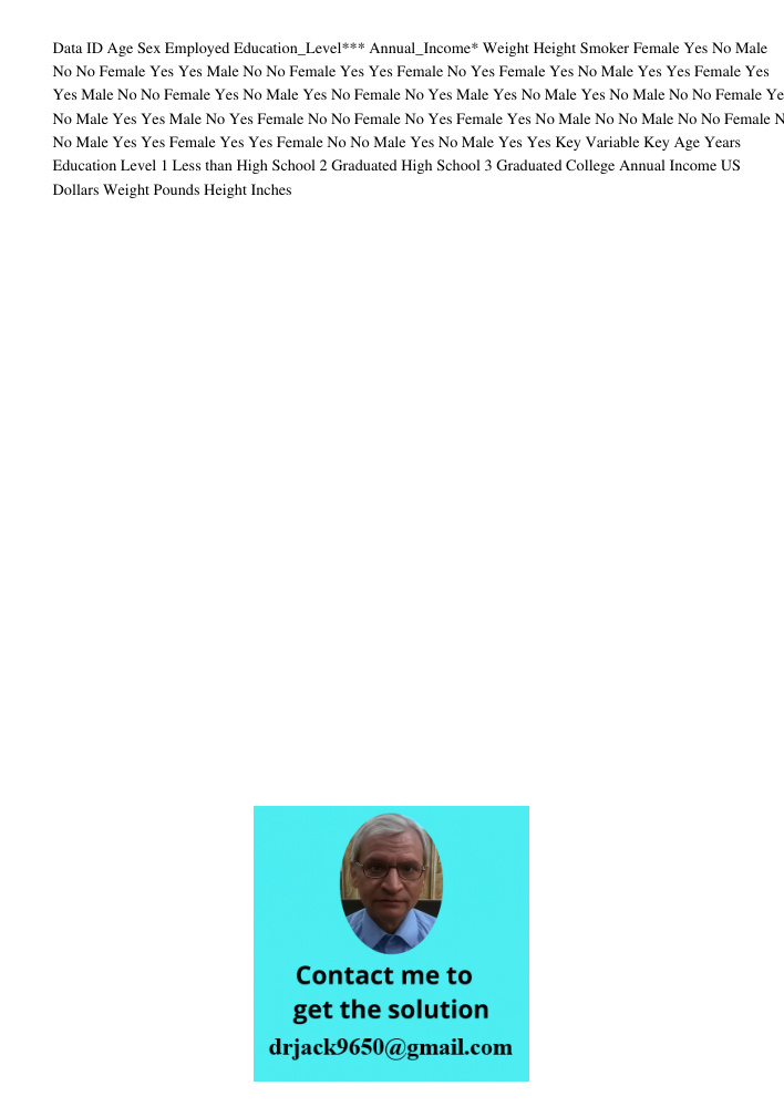 Data ID Age Sex Employed Education_Level*** Annual_Income* Weight Height Smoker Female Yes No Male No No Female Yes Yes Male No No Female Yes Yes Female No Yes Female Yes No Male Yes Yes Female Yes Yes Male No No Female 