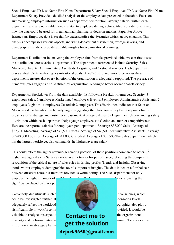 Provide a detailed analysis of the employee data presented in the table. Focus on summarizing employee information such as department distribution, average salaries within each department, and any noticeable trends relat