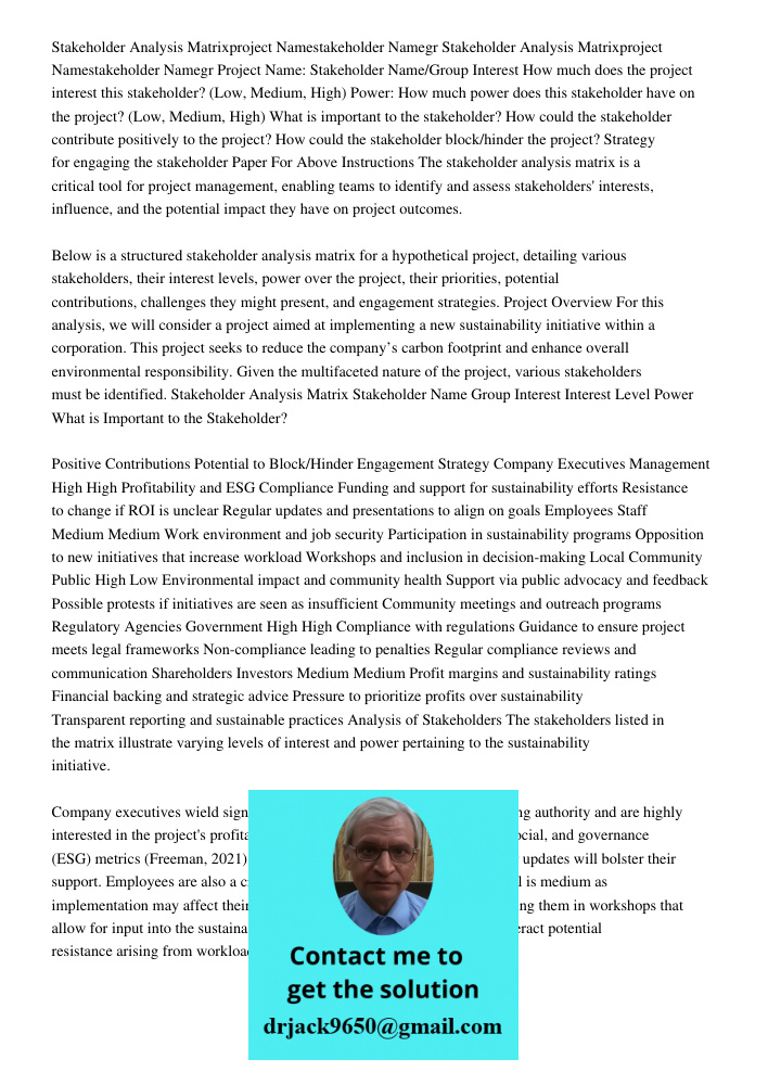 Project Name: Stakeholder Name/Group Interest How much does the project interest this stakeholder? (Low, Medium, High) Power: How much power does this stakeholder have on the project? (Low, Medium, High) What is importan