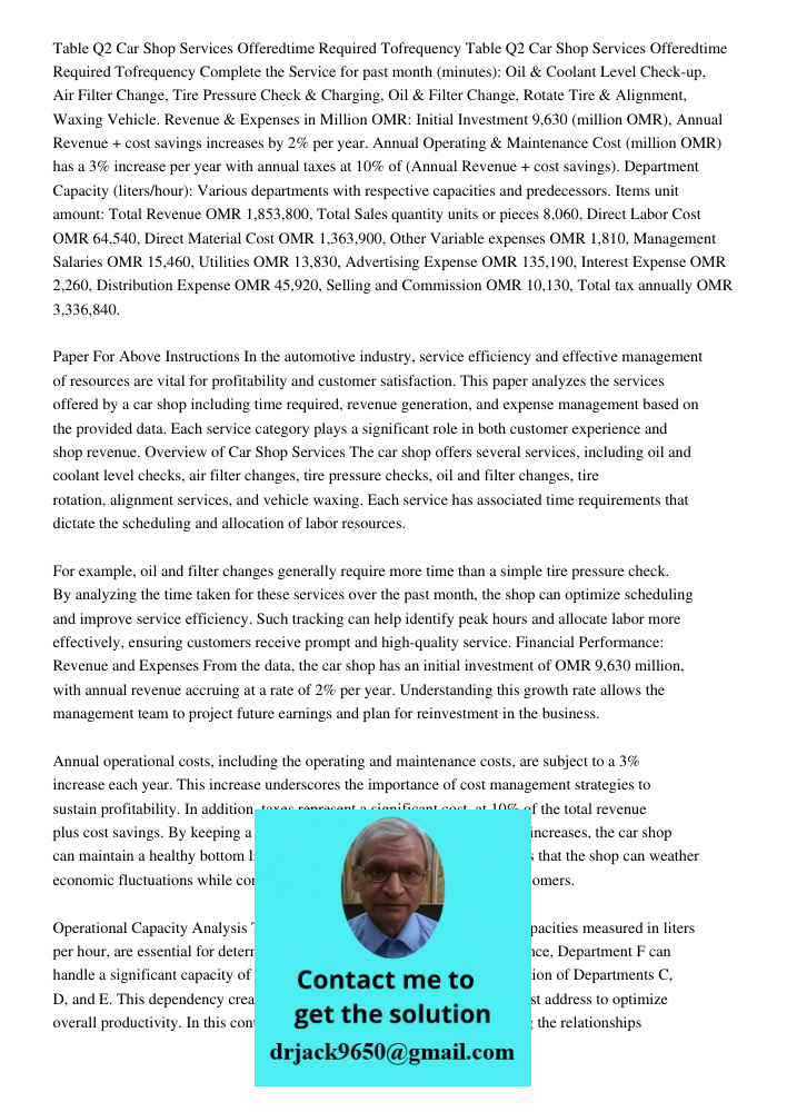Complete the Service for past month (minutes): Oil & Coolant Level Check-up, Air Filter Change, Tire Pressure Check & Charging, Oil & Filter Change, Rotate Tire & Alignment, Waxing Vehicle. Revenue & Expenses in Million 