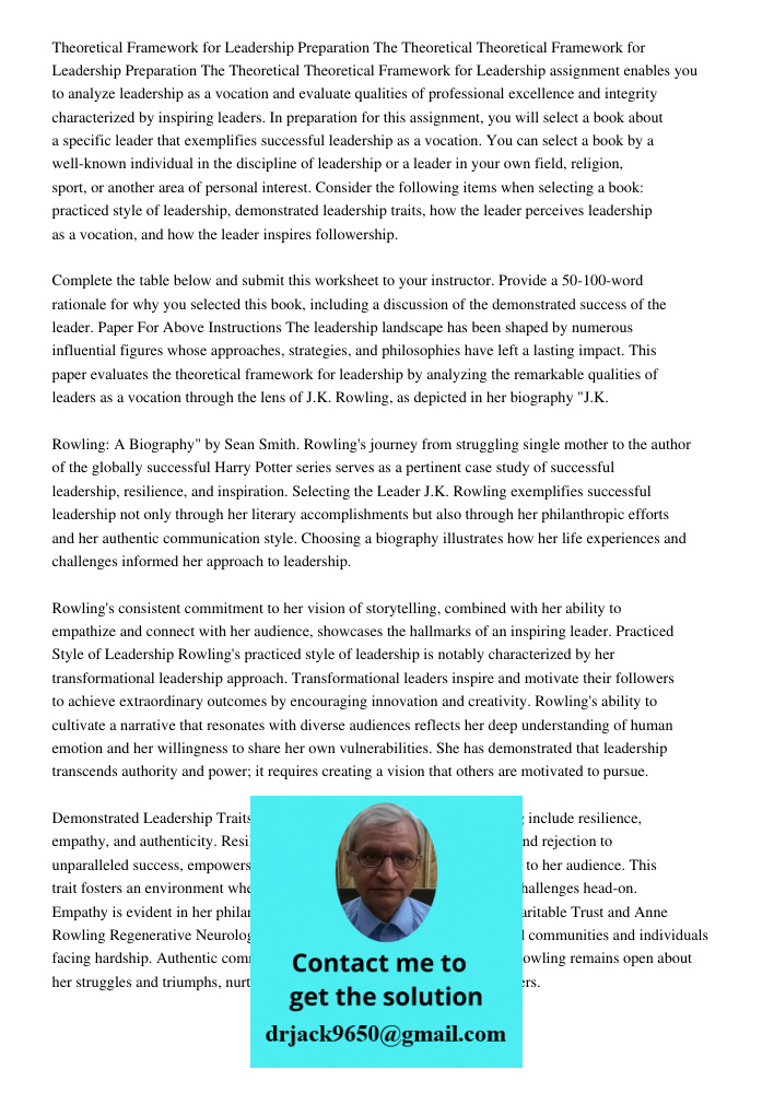 Theoretical Framework for Leadership assignment enables you to analyze leadership as a vocation and evaluate qualities of professional excellence and integrity characterized by inspiring leaders. In preparation for this 