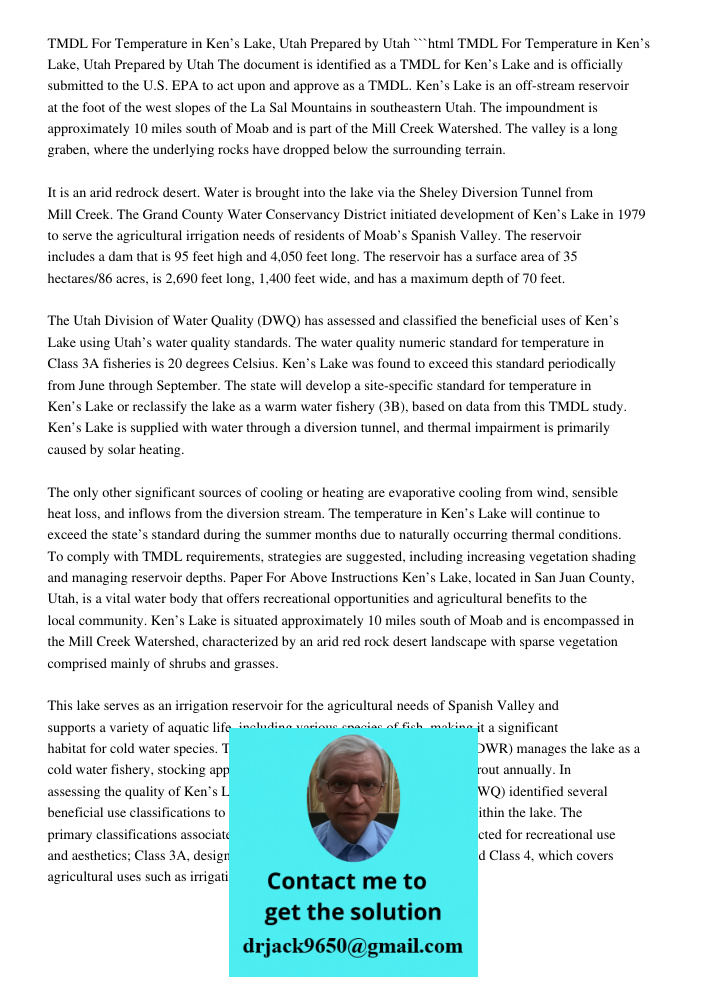 ```html The document is identified as a TMDL for Ken’s Lake and is officially submitted to the U.S. EPA to act upon and approve as a TMDL. Ken’s Lake is an off-stream reservoir at the foot of the west slopes of the La Sa