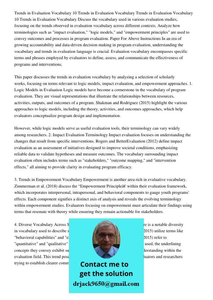 Discuss the vocabulary used in various evaluation studies, focusing on the trends observed in evaluation vocabulary across different contexts. Analyze how terminologies such as "impact evaluation," "logic models," and "e