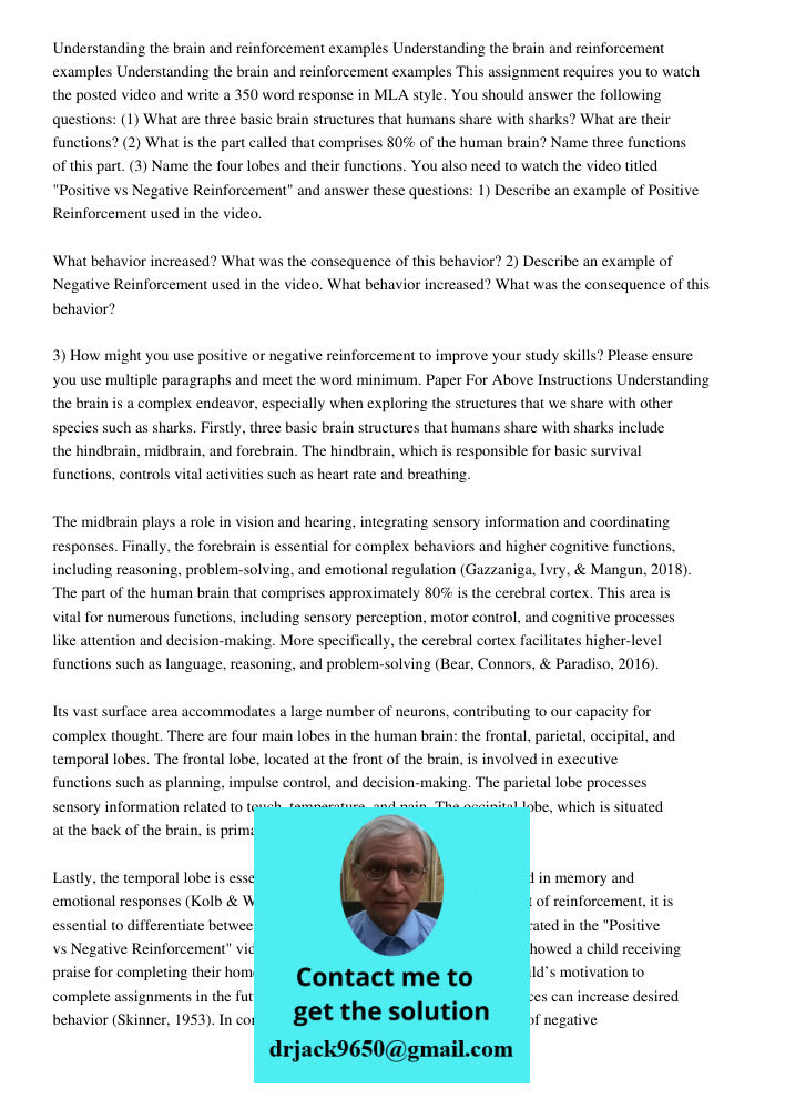 Understanding the brain and reinforcement examples This assignment requires you to watch the posted video and write a 350 word response in MLA style. You should answer the following questions: (1) What are three basic br
