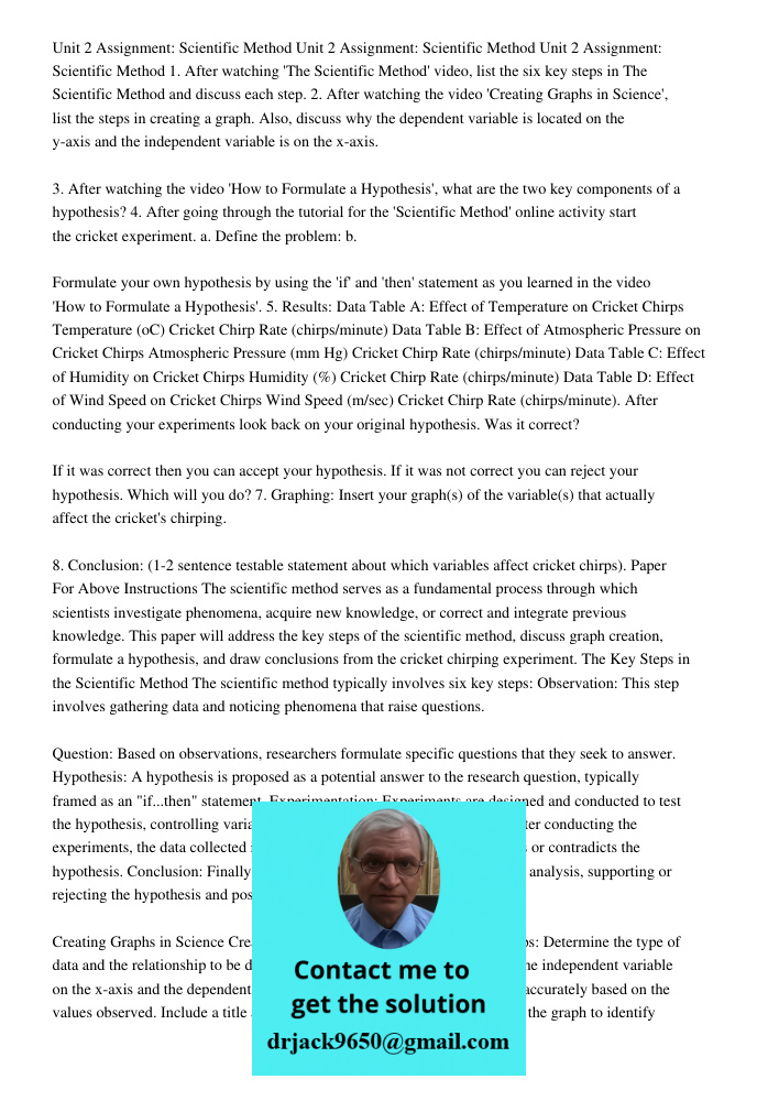 Unit 2 Assignment: Scientific Method 1. After watching 'The Scientific Method' video, list the six key steps in The Scientific Method and discuss each step. 2. After watching the video 'Creating Graphs in Science', list 