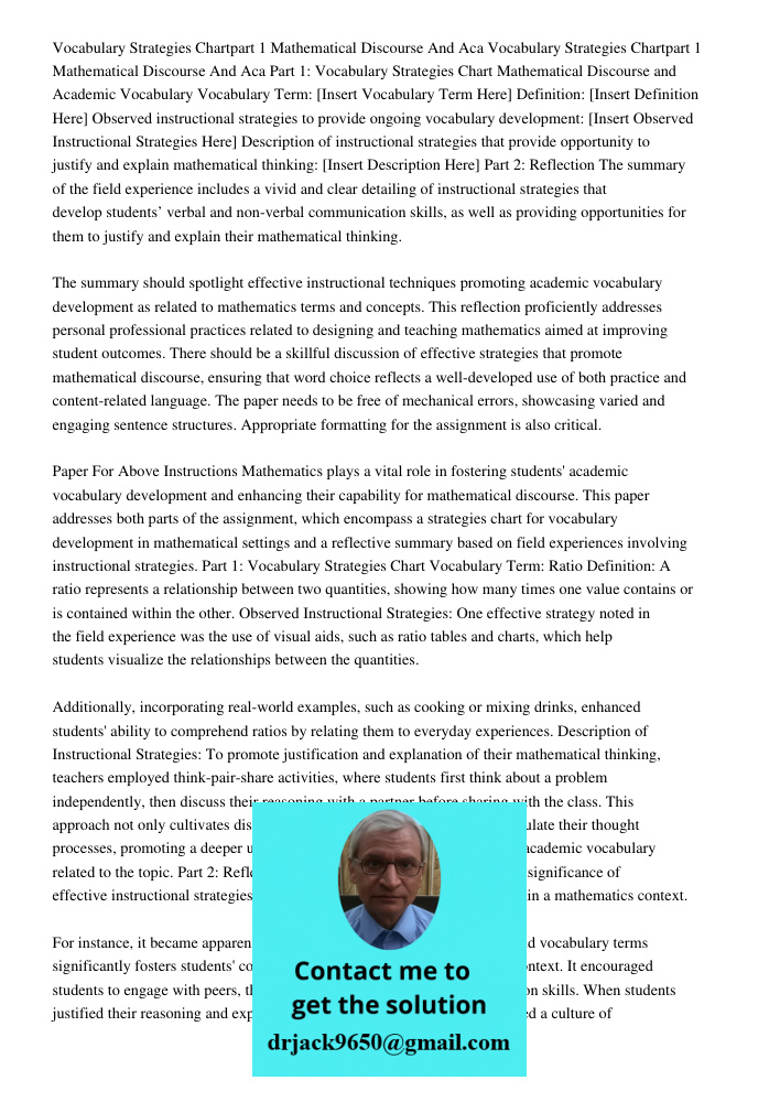 Part 1: Vocabulary Strategies Chart Mathematical Discourse and Academic Vocabulary Vocabulary Term: [Insert Vocabulary Term Here] Definition: [Insert Definition Here] Observed instructional strategies to provide ongoing 
