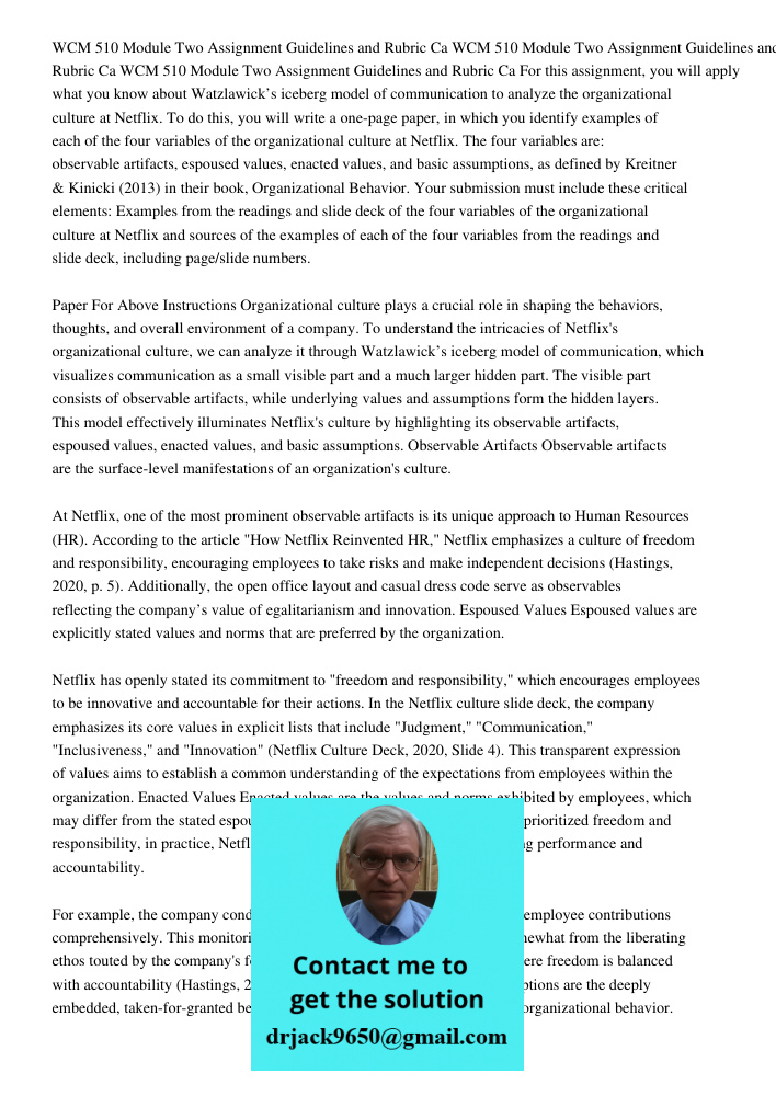 WCM 510 Module Two Assignment Guidelines and Rubric Ca For this assignment, you will apply what you know about Watzlawick’s iceberg model of communication to analyze the organizational culture at Netflix. To do this, you