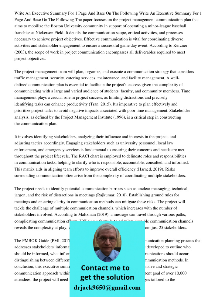 The paper focuses on the project management communication plan that aims to mobilize the Boston University community in support of operating a minor-league baseball franchise at Nickerson Field. It details the communicat