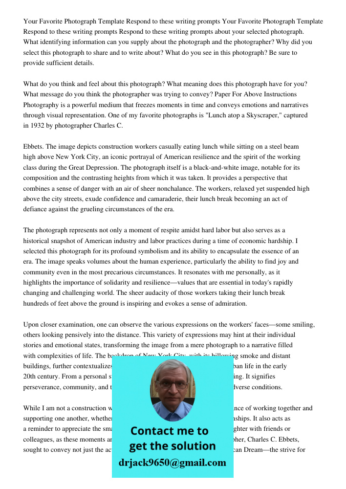 Respond to these writing prompts about your selected photograph. What identifying information can you supply about the photograph and the photographer? Why did you select this photograph to share and to write about? What